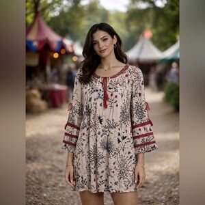 Entro Shirt Dress Small Floral Boho 3/4 Bell Sleeve Lined Rayon V Neck Casual